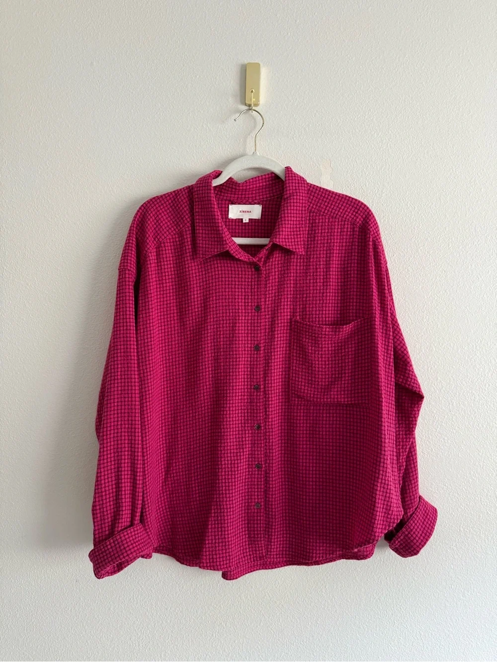 Xirena woven button-front textured shirt fuchsia‎ pink check pattern Sz M